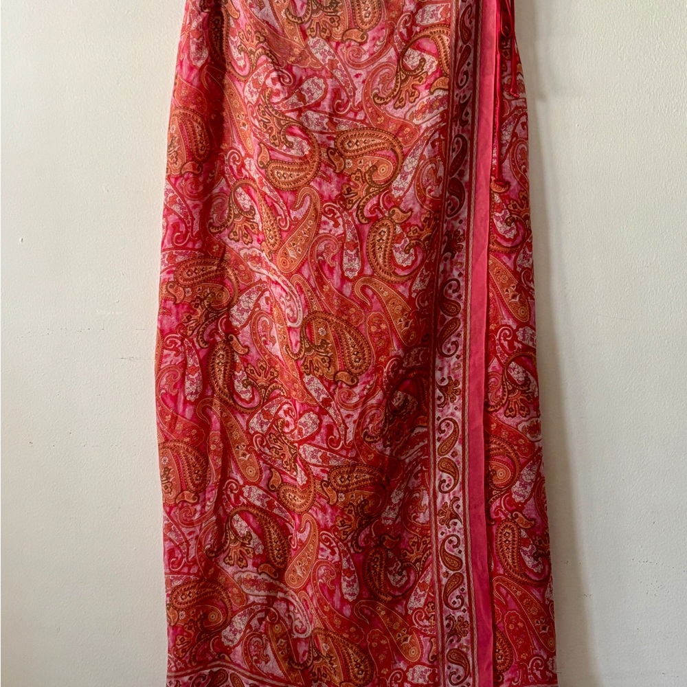 Vintage Dana Buchman size 10 Red Paisley Pure Silk Wrap Boho Maxi Skirt Festival